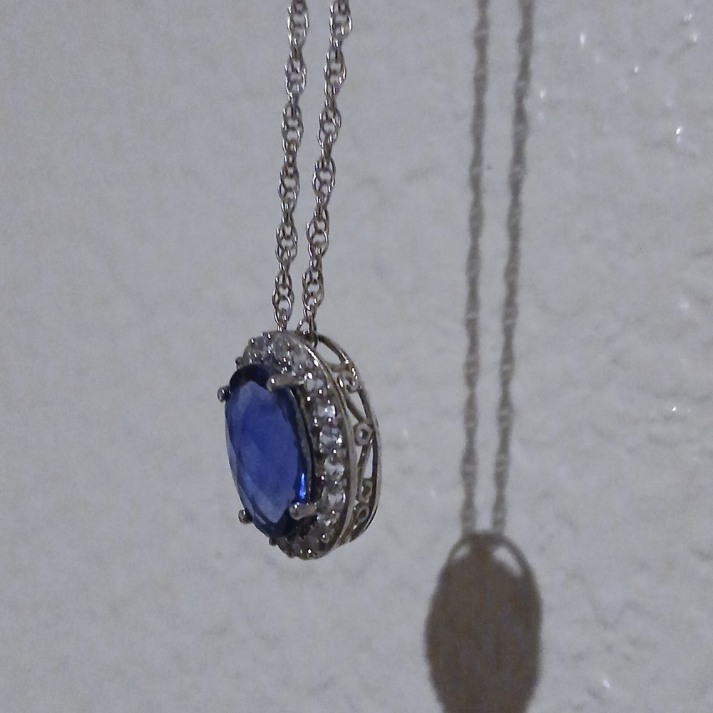Big Blue Sapphire Surrounded By White Sterling Setting/Chain